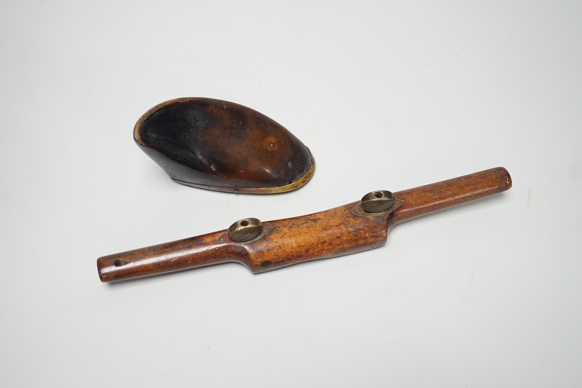 A brass mounted horn snuff box and a small spokeshave. 25cm long